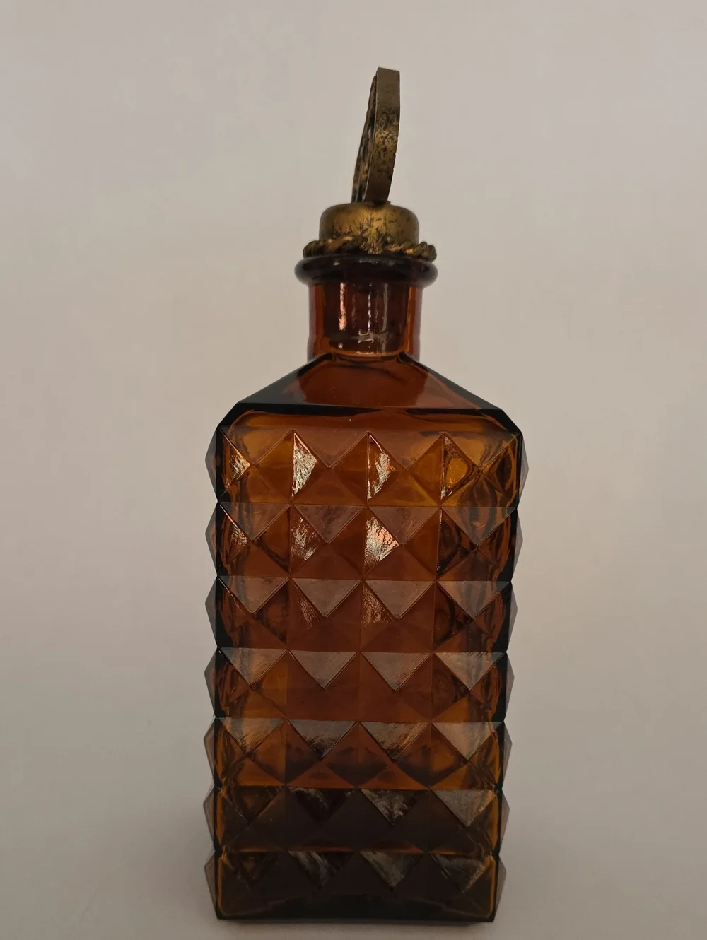 Vintage Amber Glass Decanter Made in Spain Mid Century Diamond Point Barware
